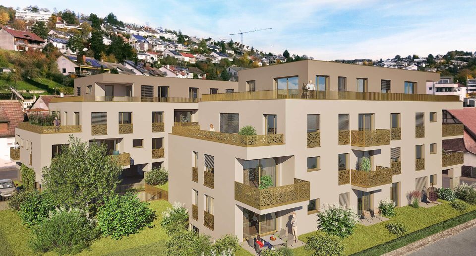 Unverbindliche Illustration Bauvorhaben Seestraße Außenvisualisierung der beiden Baukörper Ecke Seestraße / Fichtestraße in Leonberg